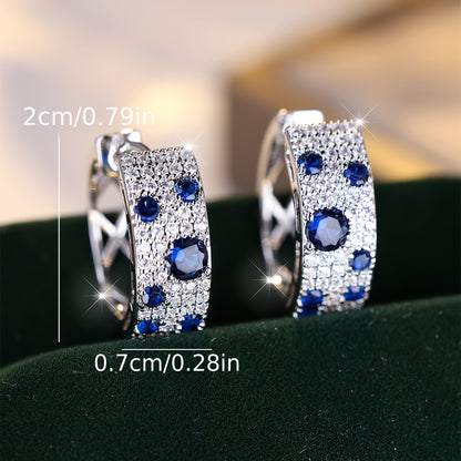 Sparkling Circle Earrings, Copper Jewelry, Blue and White Zircon Decoration, Fashion Luxury Style, Ladies Party Earrings