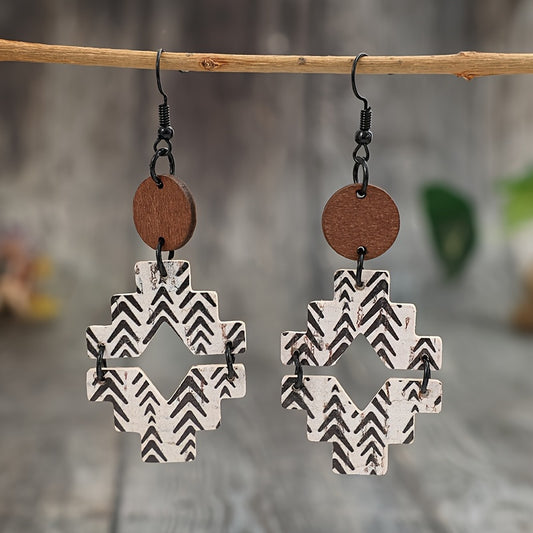 Vintage geometric pattern wooden pendant earrings with iron ear hooks, vintage distressed southwest style pendant earrings for Casual Attire - compatible with all seasons