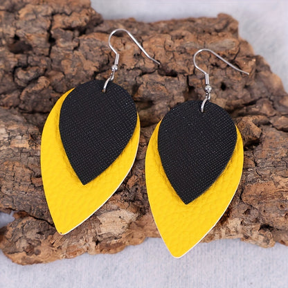 Simple double-layer solid color leaf PU leather earrings