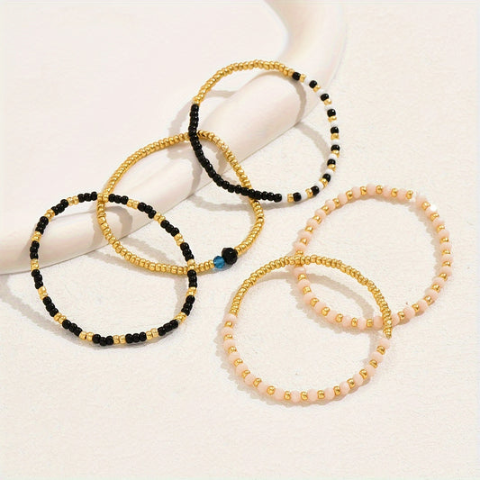 5-Piece Bohemian Handmade Crystal Bead Elastic Bracelet Set Women's - Vintage/Bohemian Style, Perfect for Vacation and Party Accessories, Ideal for Friendship Gifts, Vacation Accessories | Bohemian Style | Handmade Beads, Bracelet Beads