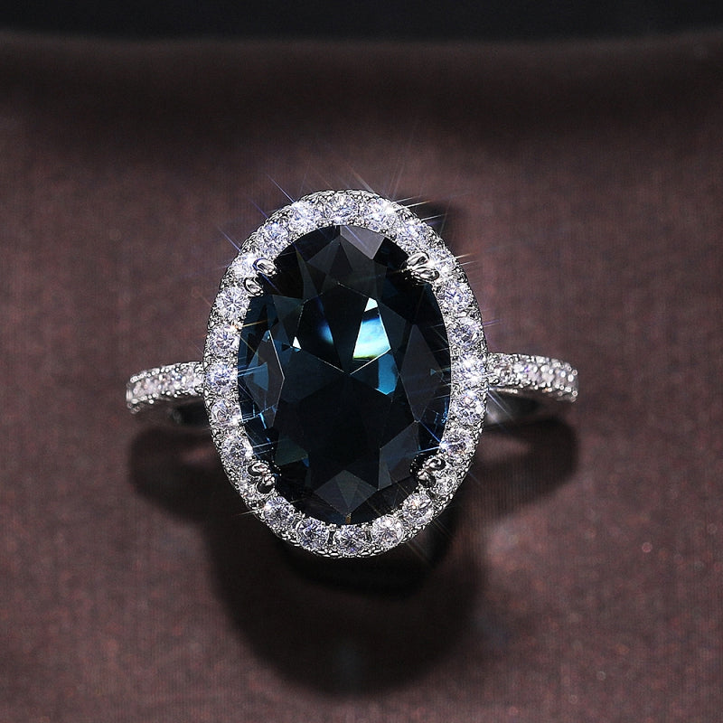 New Fashion 925 Silver Plated 4 Claw Oval Blue Gemstone Sub-Stone Zirconia Ring, Ladies Daily Casual Party Jewelry