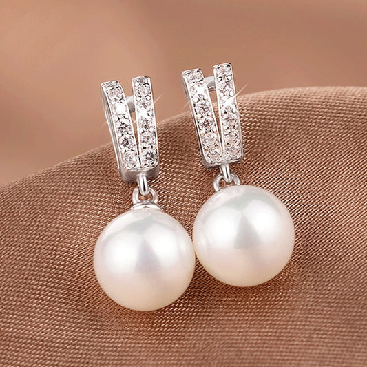 Elegant and simple 925 silver-plated white pearl Zirconia stud earrings Women's bridal engagement wedding exquisite jewelry gift