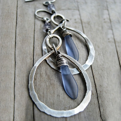 Bohemian Hammer Alloy Earrings with Moonstone, Vintage Wrap Design, Rustic Ethnic Drop Earrings for Ladies