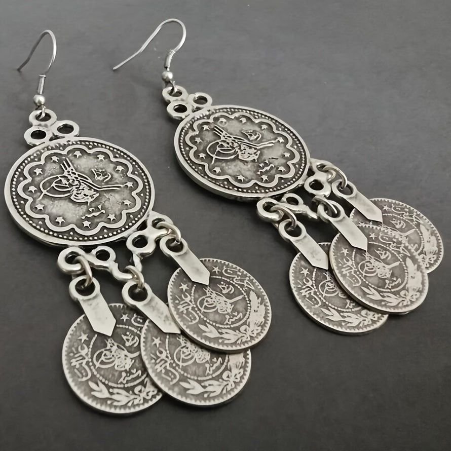 Bohemian Retro Style Alloy Earrings, Stylish Retro Round Hoop with Three Coins Pendant, Bohemian Stylish Ladies Pendant Earrings