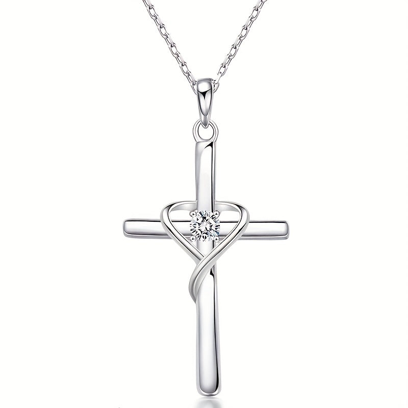 925 Silver Plated Zirconia Necklace with Stylish Heart Cross Pendant Women's, Wedding Anniversary Gift, Faith Jewelry