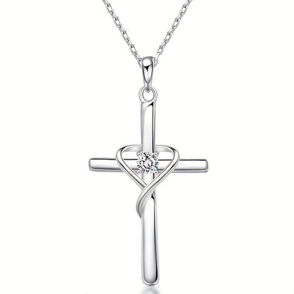 925 Silver Plated Zirconia Necklace with Stylish Heart Cross Pendant Women's, Wedding Anniversary Gift, Faith Jewelry