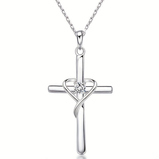 925 Silver Plated Zirconia Necklace with Stylish Heart Cross Pendant Women's, Wedding Anniversary Gift, Faith Jewelry