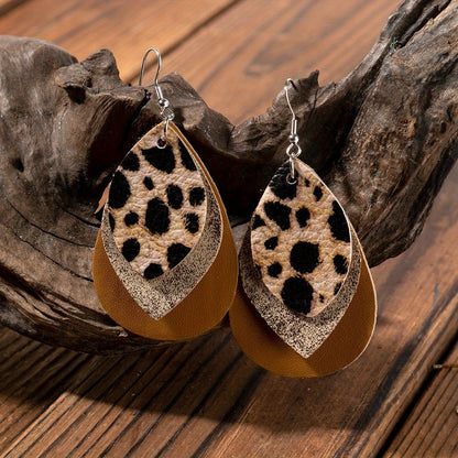 Retro-style multi-layer teardrop PU leather earrings with leopard print and gradual change design - stylish personality jewelry for casual wear or parties