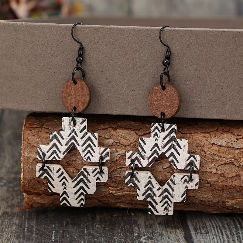 Vintage geometric pattern wooden pendant earrings with iron ear hooks, vintage distressed southwest style pendant earrings for Casual Attire - compatible with all seasons