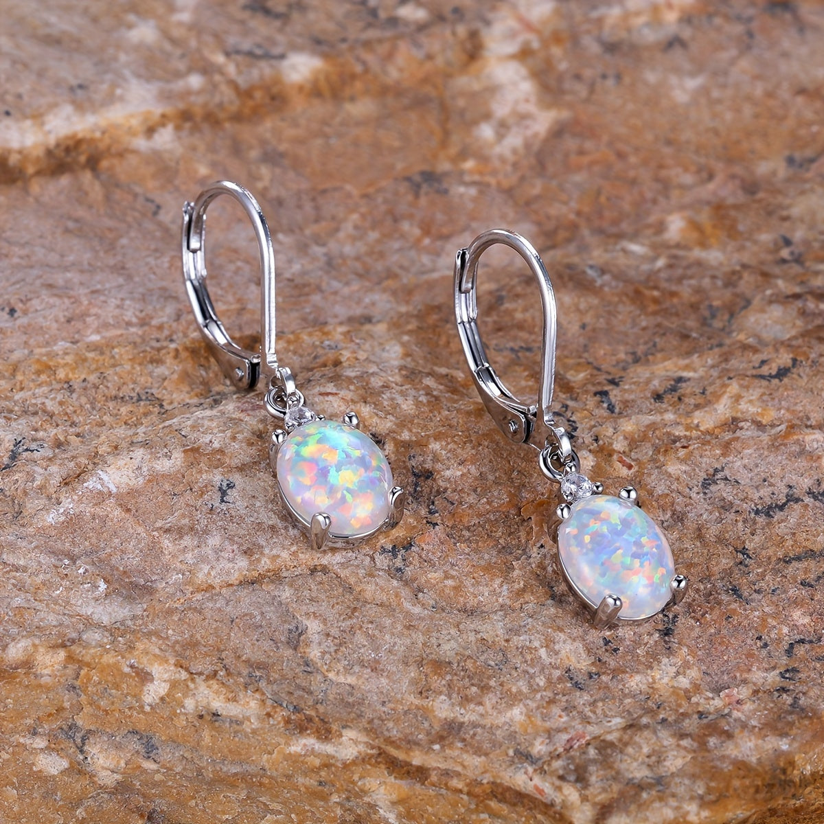 1 Pair of Silver Lever Earrings, White Fire Opal, Bohemian Elegance, Oval Egg Birthstone Pendant Earrings, Charming Ladies Jewelry Gift