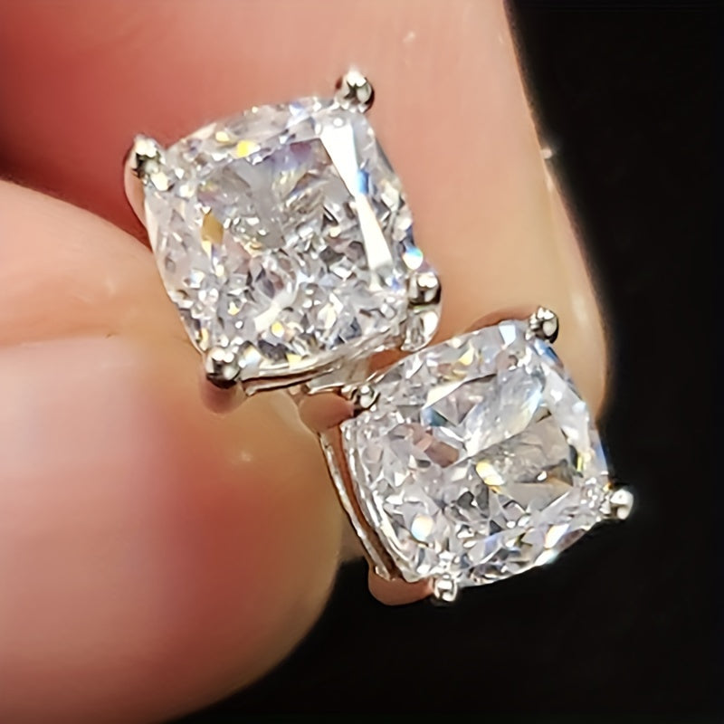 Inlaid square shiny Zirconia stud earrings, silver plating, simple earrings.