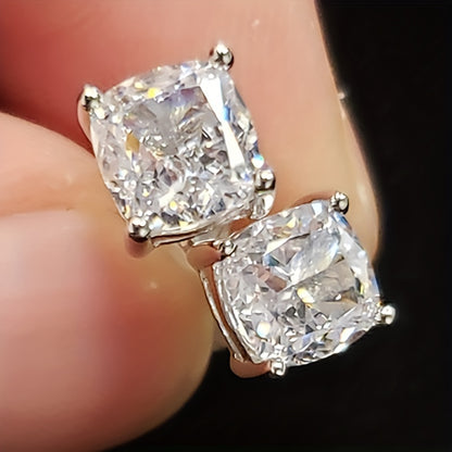 Inlaid square shiny Zirconia stud earrings, silver plating, simple earrings.