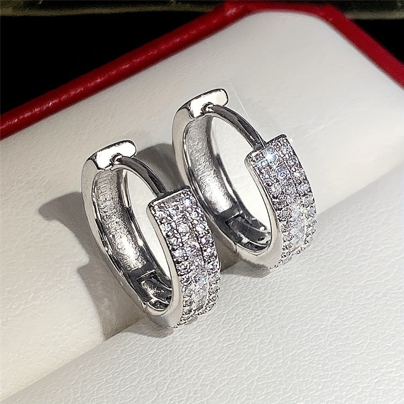 Ladies' Elegant Three-Row Cubic Zirconia Ring Earrings - Silver Plated, Nickel-Free Copper, Suitable for Weddings and Engagements