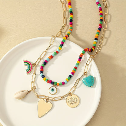 2 pieces vintage bohemian stone, shell, rainbow bead necklace