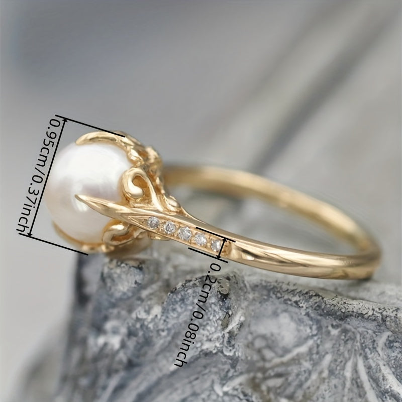 Stylish 4-claw faux pearl adorned copper ladies anniversary ring for Casual Attire, parties and gift giving, all year round