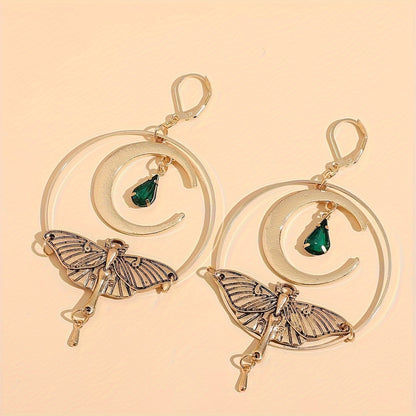 A pair of vintage crescent stud earrings with a green resin moth pendant, zinc alloy, and iron pillars for everyday wear jewelry in all seasons