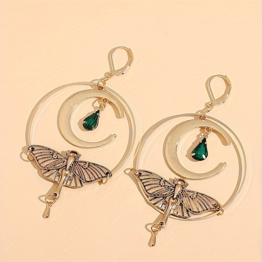 A pair of vintage crescent stud earrings with a green resin moth pendant, zinc alloy, and iron pillars for everyday wear jewelry in all seasons