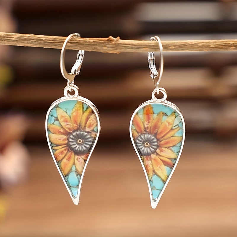 Irregular droplet sunflower pattern retro pendant earrings retro vacation style alloy jewelry exquisite female gift