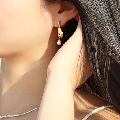 Elegant gold hand earrings with Zirconia and imitation pearl pendants, fashionable Women's jewelry for parties and daily wear - gift box not included