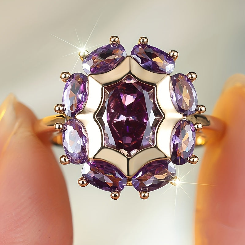 Classic Bohemian Engagement Ring - Elegant Champagne Round Purple Cubic Zirconia, Copper, Unplated, Perfect for Weddings and Parties