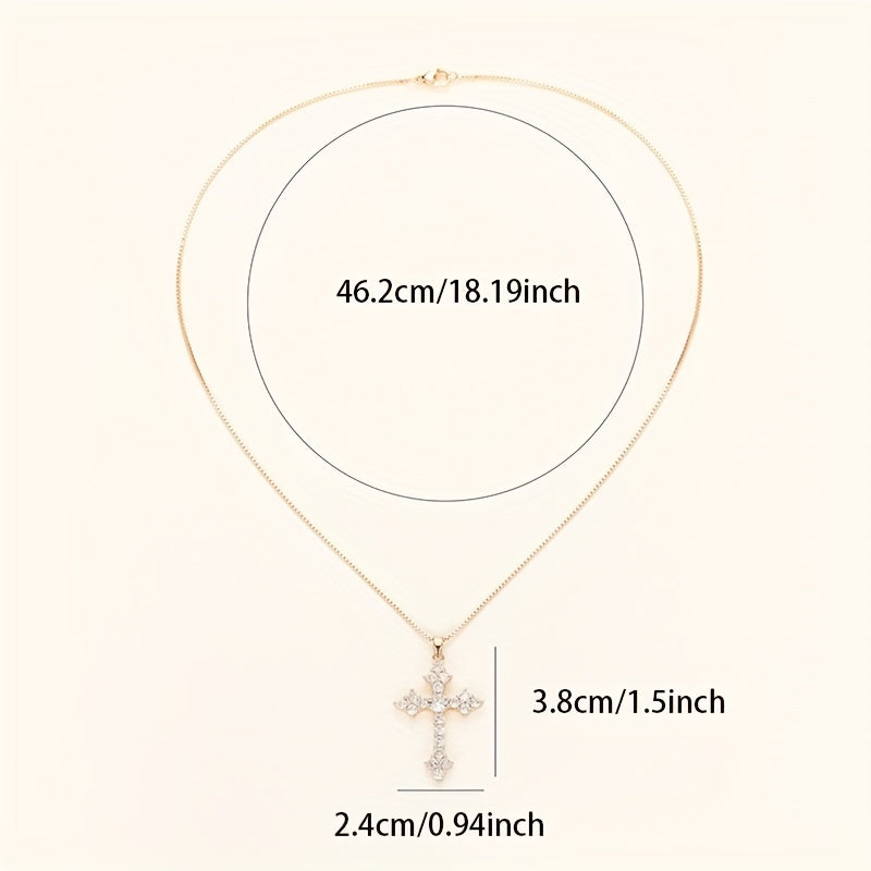 Delicate cross pendant necklace set with round shiny zircon, lucky adjustable collarbone chain