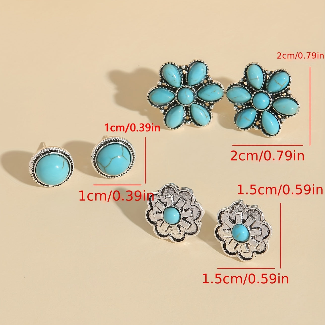 Three pairs of Western retro turquoise stud earrings silver plated earrings jewelry