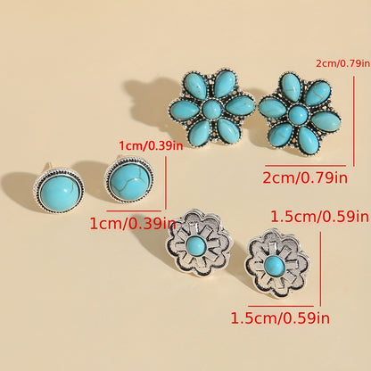 Three pairs of Western retro turquoise stud earrings silver plated earrings jewelry