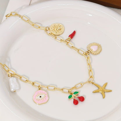 Ladies Charm Pendant Necklace - Vintage Elegant Style, Copper Chain with Star Fish, Cherry, Evil Eye, Medal Pendant, Suitable for Daily Wear and Parties