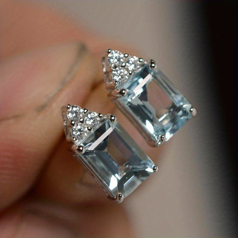 Exquisite Fashion 925 Silver Plated Square Cut Aquamarine Earrings Women's Engagement Party Jewelry Everyday Casual Jewelry