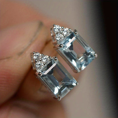 Exquisite Fashion 925 Silver Plated Square Cut Aquamarine Earrings Women's Engagement Party Jewelry Everyday Casual Jewelry