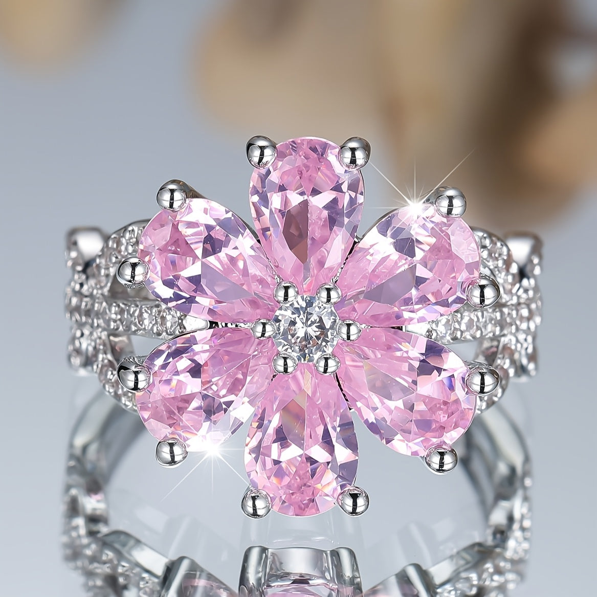 Elegant pink floral engagement ring set with sparkling cubic zirconia - perfect for weddings, parties and Valentine's Day gifts