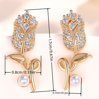 Elegant and lovely flower stud earrings, synthetic June birthstones and imitation pearls, copper nickel-plated, suitable for daily and party wear, Valentine's Day gifts - suitable for all seasons