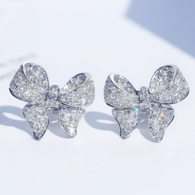 Shiny bow-shaped stud earrings inlaid with shiny zircon elegant copper earrings decorated with sweet daily jewelry