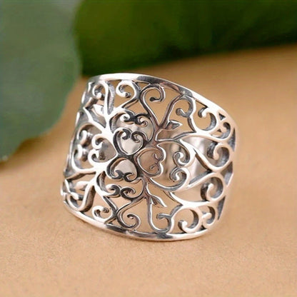 Bohemian Vintage Pattern 925 Silver Plated Hollow Wide Ring Ladies Wedding Ring Anniversary Gift