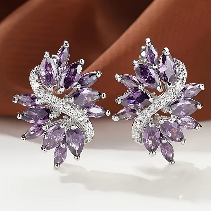 1 pair of women's fashion stud earrings, beautifully inlaid horse eye-cut synthetic zircon flower stud earrings, bride wedding engagement wedding earrings