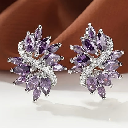 1 pair of women's fashion stud earrings, beautifully inlaid horse eye-cut synthetic zircon flower stud earrings, bride wedding engagement wedding earrings