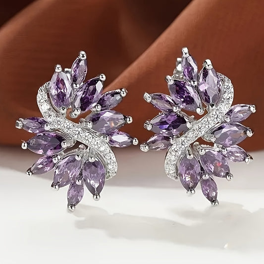 1 pair of women's fashion stud earrings, beautifully inlaid horse eye-cut synthetic zircon flower stud earrings, bride wedding engagement wedding earrings