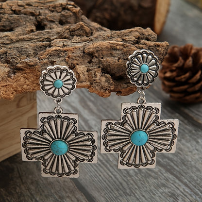 Classic Western style turquoise cross pendant earrings, silver plated jewelry gift
