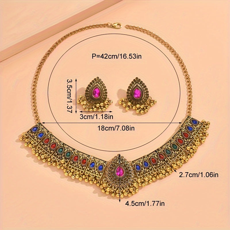 Vintage Peacock Jewelry Set, Sparkling Rhinestones - Ladies Bold Necklace and Earrings Combination, Suitable for Parties and Gifts