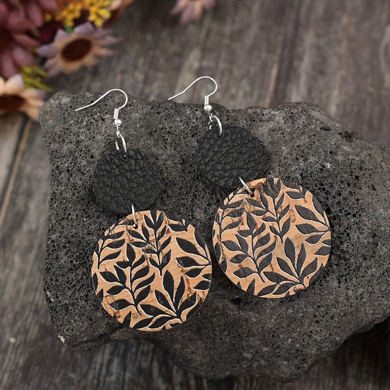 Cross-border new retro brown disc printing black leaf splicing black PU leather earrings