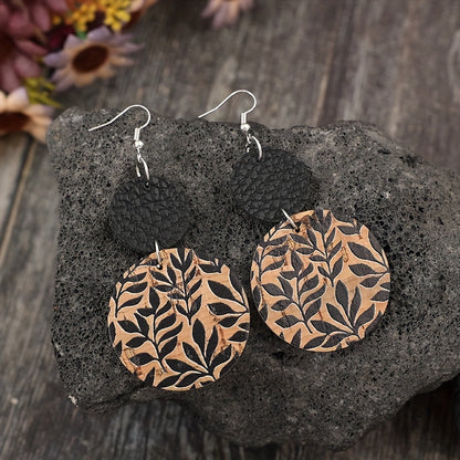 Cross-border new retro brown disc printing black leaf splicing black PU leather earrings