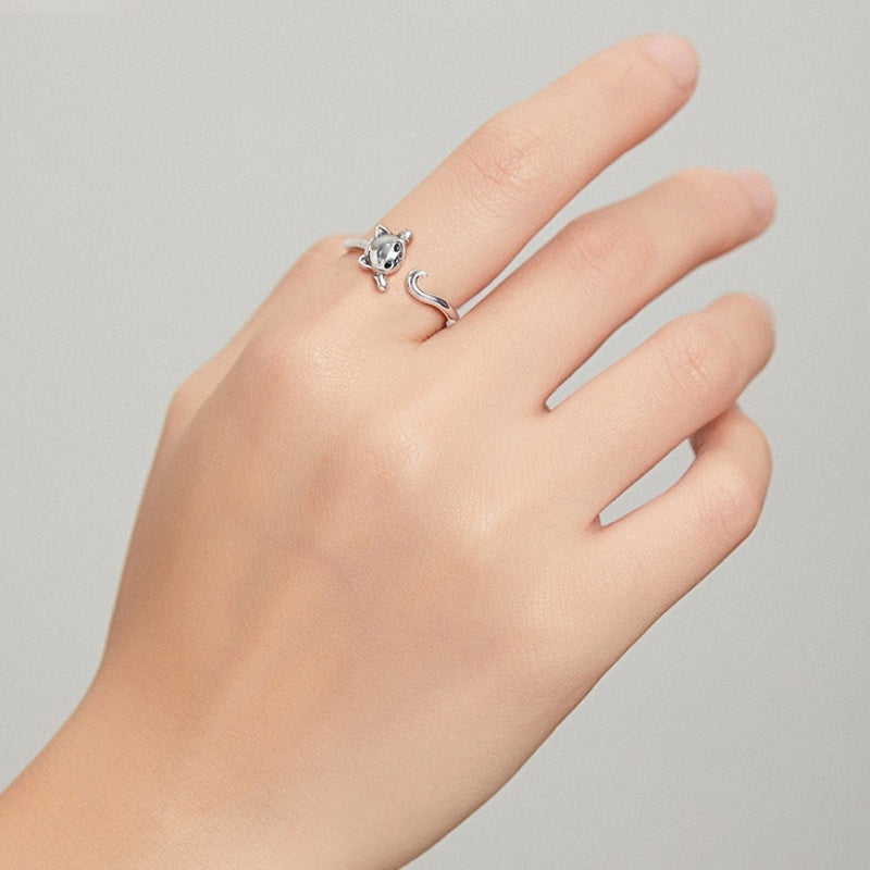 Ladies' Casual Party Jewelry, Cute Cat Shaped Black Jewel Eye 925 Silver Plated Open Ring