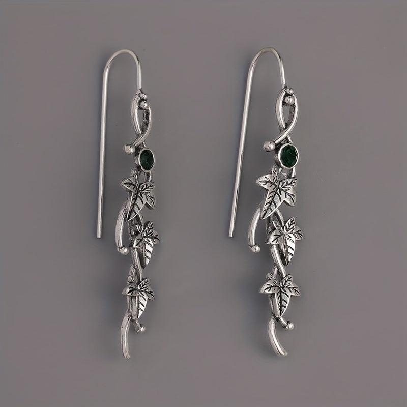 1 Pair Exquisite Silvery Boho Chic Engraved Leaf Drop Dangle Earrings - Inlaid with Colorful Synthetic Gemstones, 925 Silver Plated, Hypoallergenic, Durable, and Elegant - Perfect for Fashionistas and Bohemian Lovers