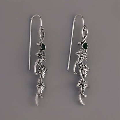 1 Pair Exquisite Silvery Boho Chic Engraved Leaf Drop Dangle Earrings - Inlaid with Colorful Synthetic Gemstones, 925 Silver Plated, Hypoallergenic, Durable, and Elegant - Perfect for Fashionistas and Bohemian Lovers