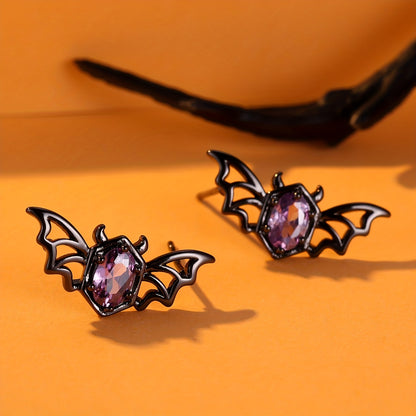 Ladies Gothic Black and Purple Bat Earrings - Vintage punk style with synthetic gemstones, nickel-free copper, perfect for Halloween and casual costumes, Halloween earrings