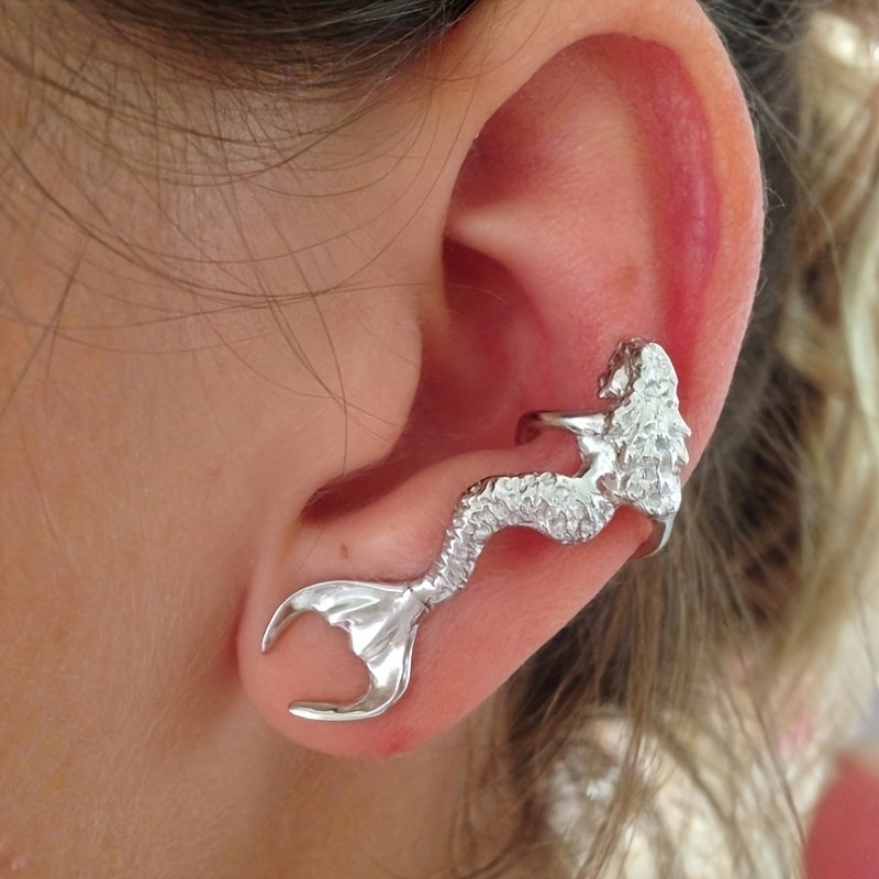 Elegant Vintage Mermaid Tail Ear Sleeve Wrap Earrings for Ladies, Copper Ear Clips, Gift Party Jewelry Accessories, Unplated Feather Design, Single Piece