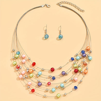 Fashion simple and versatile imitation pearl crystal color multi-layer necklace Women's suit
