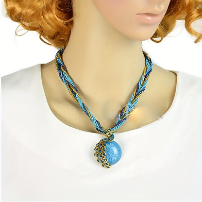 Bohemian style retro socialite peacock blue rice bead multi-layer short necklace imitation stone pendant necklace Women's jewelry gift