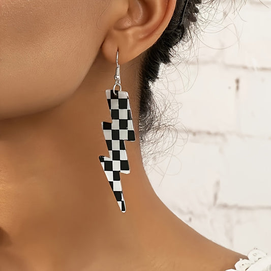 1 pair, geometric black and white plaid lightning drop earrings, bold Western exaggerated creative design, simple style fashion jewelry