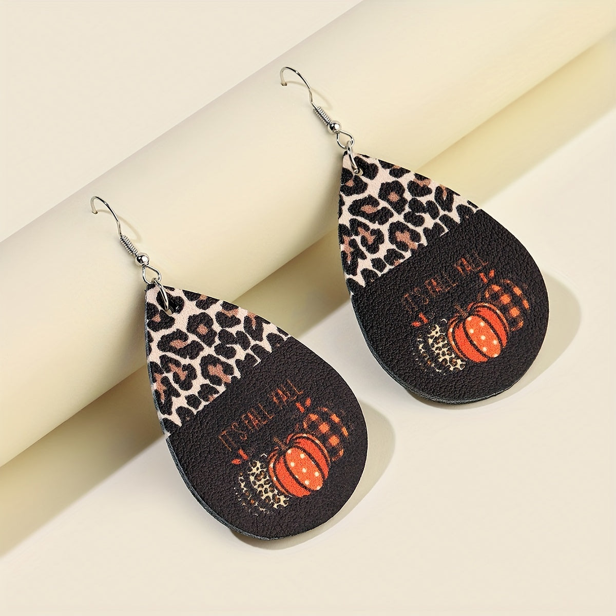 Vintage Style Halloween Pumpkin and Leopard Drop Earrings - Lightweight PU Leather, Perfect for Party and Holiday Occasions, Holiday Jewelry | Playful Designs | Iron Ear Hooks